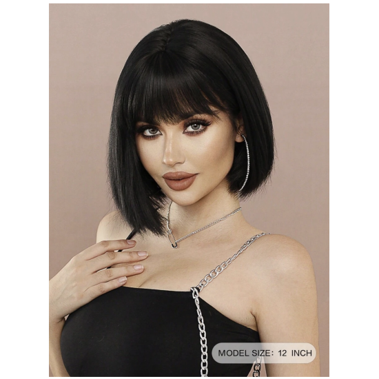 باروكة شعر أسود بغرة أمامية